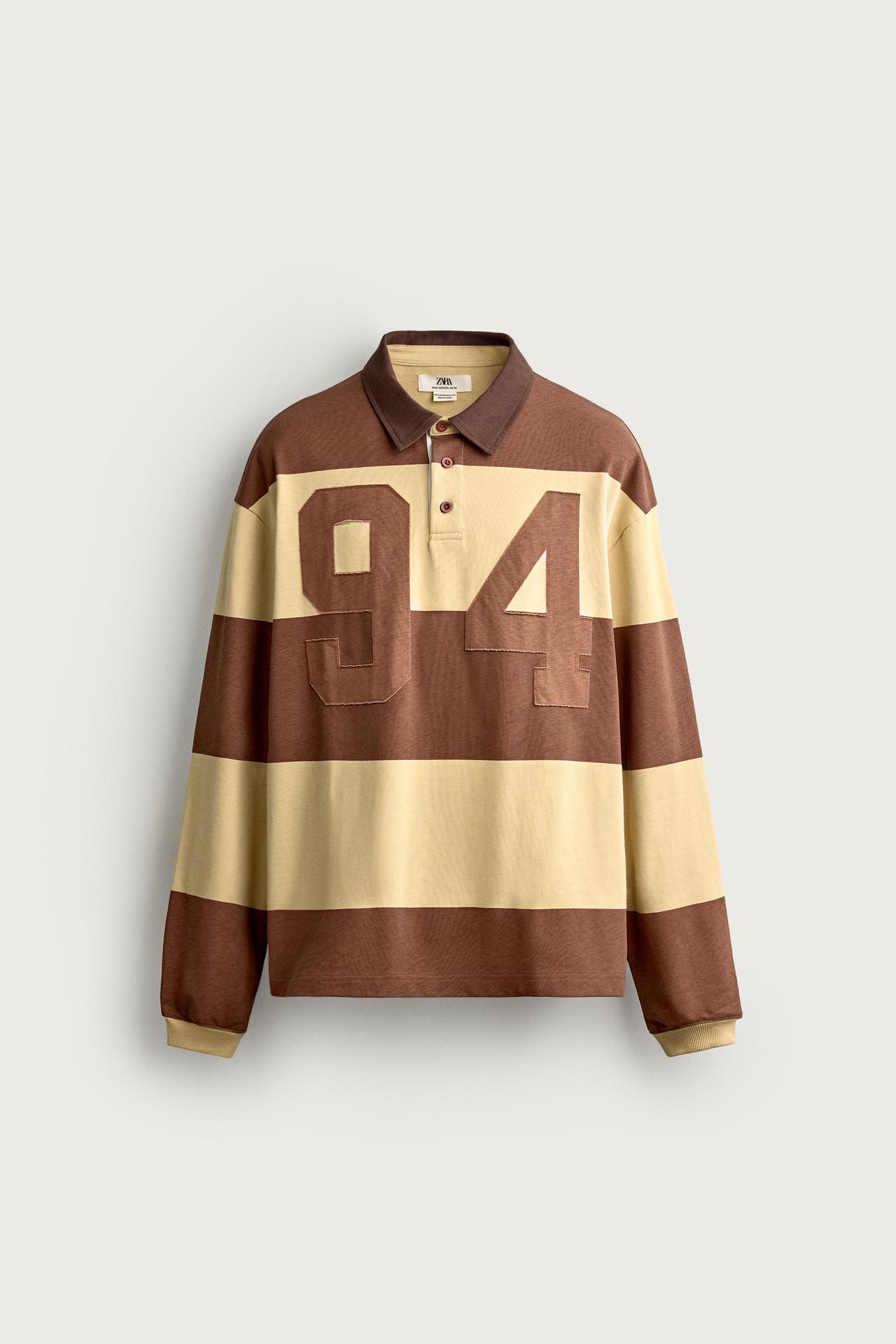 STRIPED NUMBER PATCH POLO — Brown