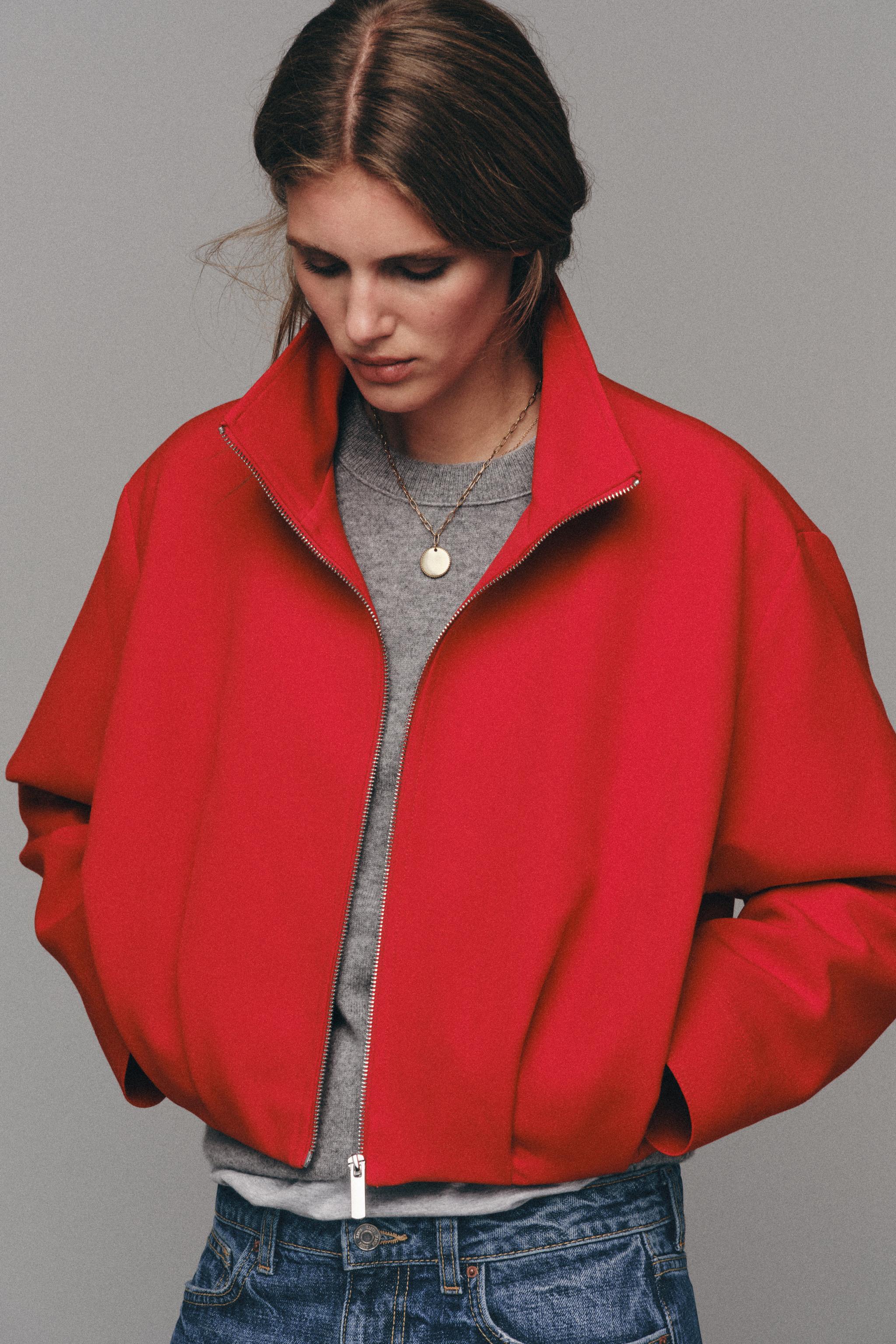 STAND-UP COLLAR BOMBER JACKET — Red