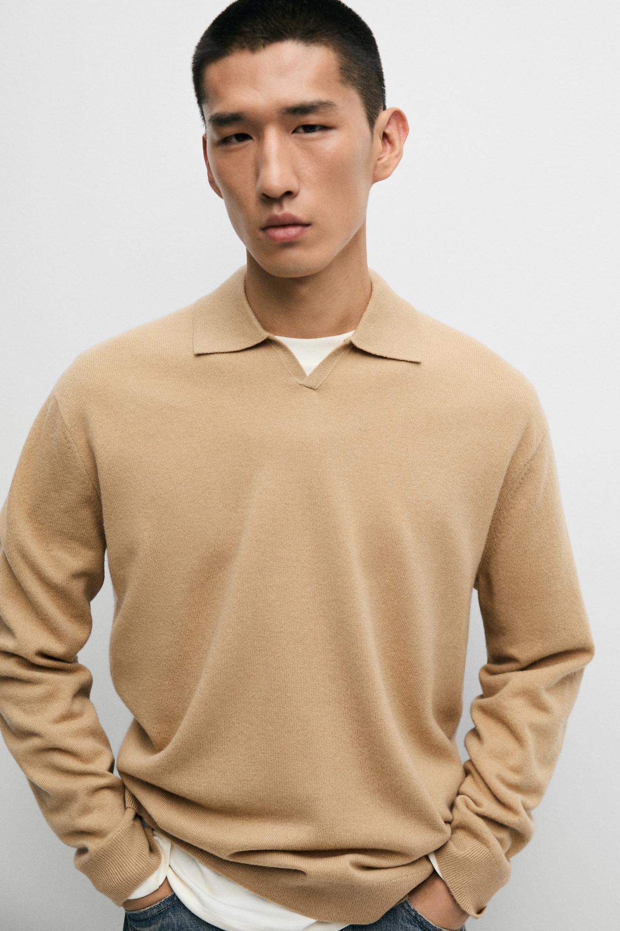 100% wool knit polo sweater — Mid-camel