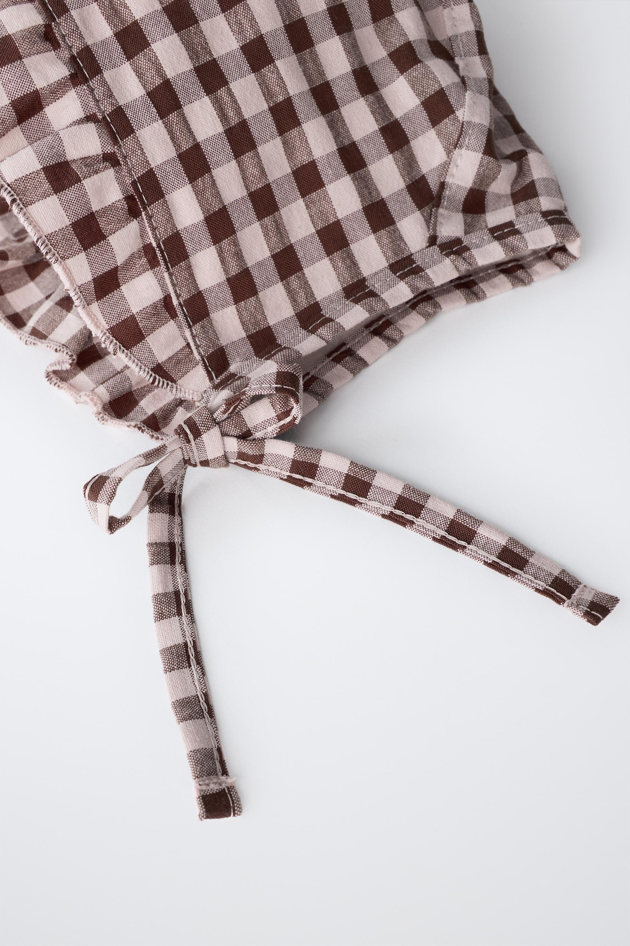 GINGHAM RUFFLE BONNET — Brown
