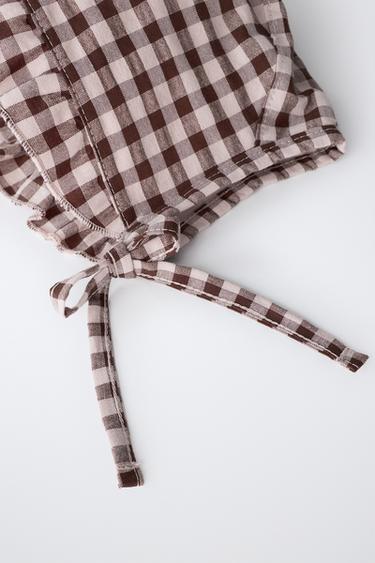 GINGHAM RUFFLE BONNET — Brown 2