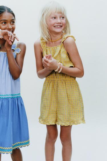 GINGHAM CHECK JUMPSUIT WITH RUFFLE 100% LINEN - Yellow by Zara