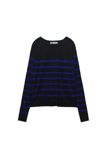Front view of black sweater with blue horizontal stripes and crew neck.