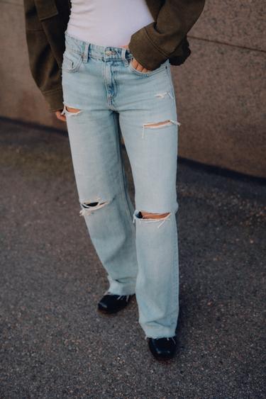 TRF RIPPED MID-WAIST WIDE-LEG JEANS - Light blue by Zara