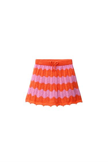 Zara STRIPED CROCHET KNIT SKIRT - Neon orange