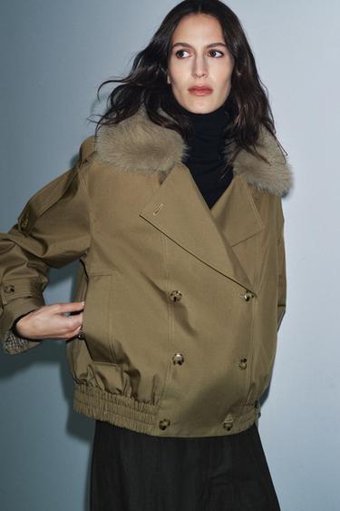 PADDED TRENCH COAT WITH FAUX FUR COLLAR ZW COLLECTION - Light khaki by Zara