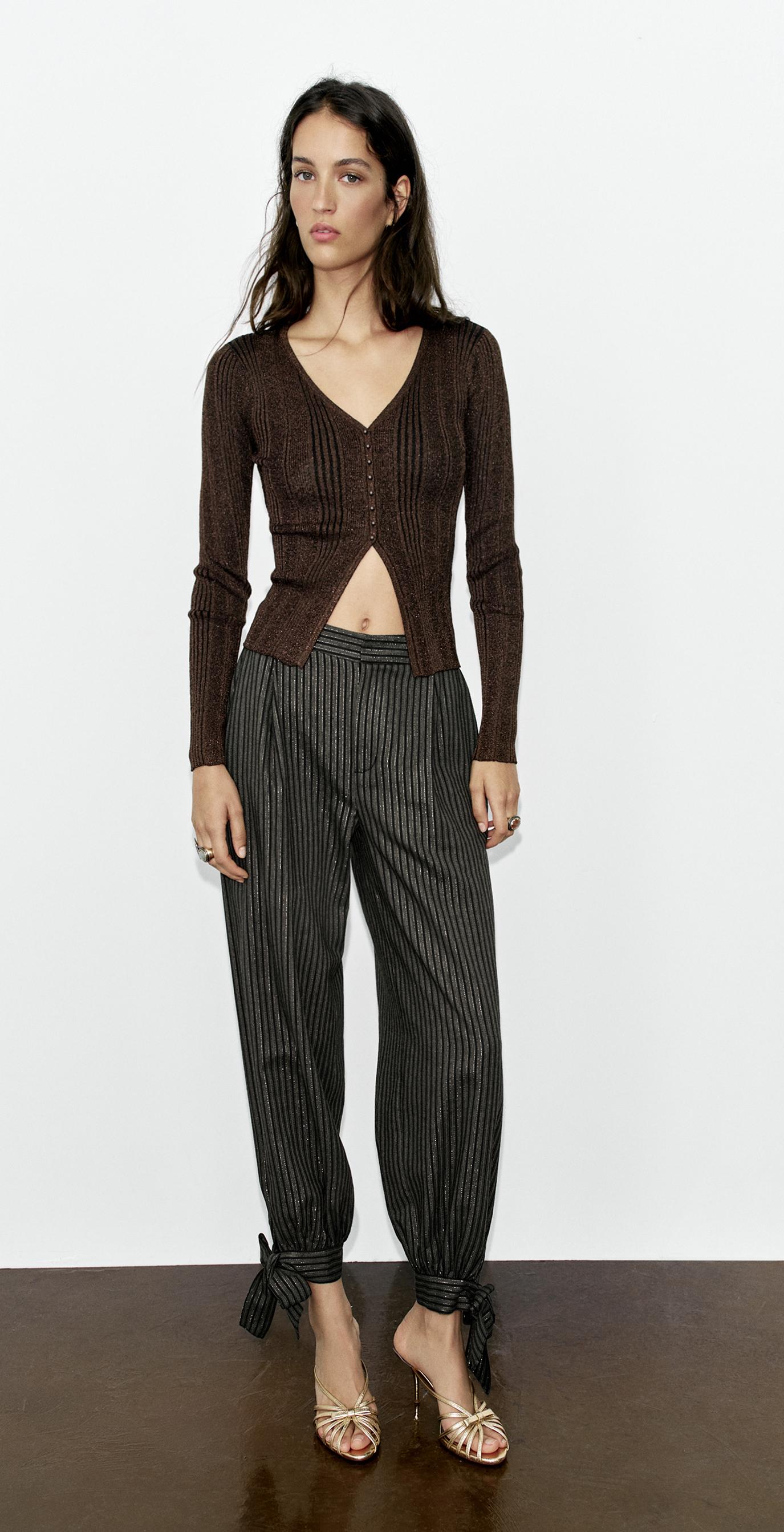 METALLIC YARN CARDIGAN — Dark brown