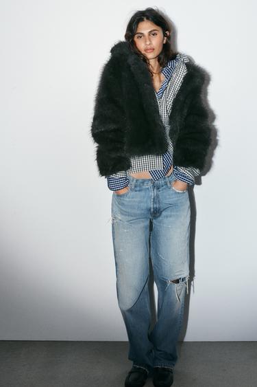 SHORT FAUX FUR COAT WITH TOGGLES - Dark charcoal grey by Zara