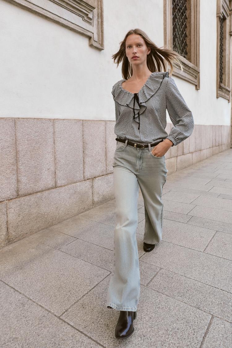 CAMICETTA CON VOLANT QUADRI VICHY Nero Ecrù ZARA Italia Italy