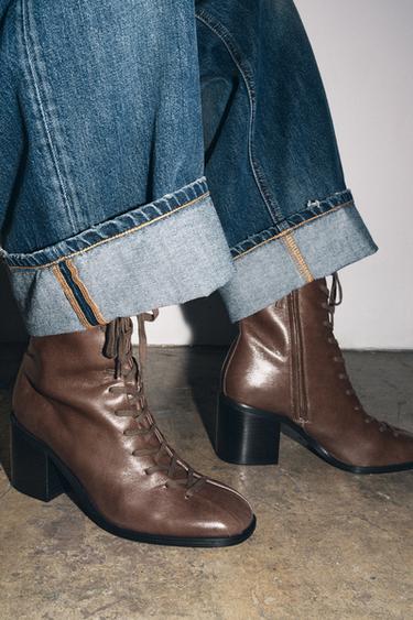 LEATHER LACE-UP ANKLE BOOTS - Taupe Grey by Zara - Image 1