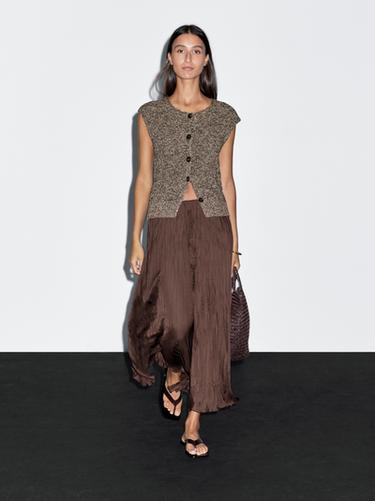 Falda larga plisada fluida - Marrón de Zara