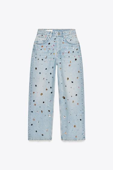 Zara RELAXED OVERSIZE HIGH WAIST JEANS WITH JEWELS - Light blue