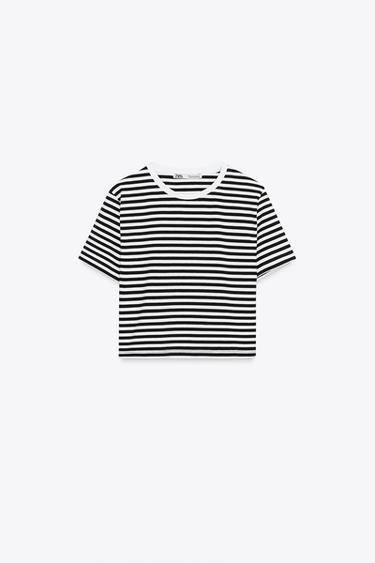 Zara STRETCH CROPPED T-SHIRT - Black / White