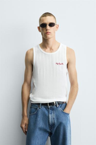 EMBROIDERED RIB TANK T-SHIRT - Oyster-white by Zara