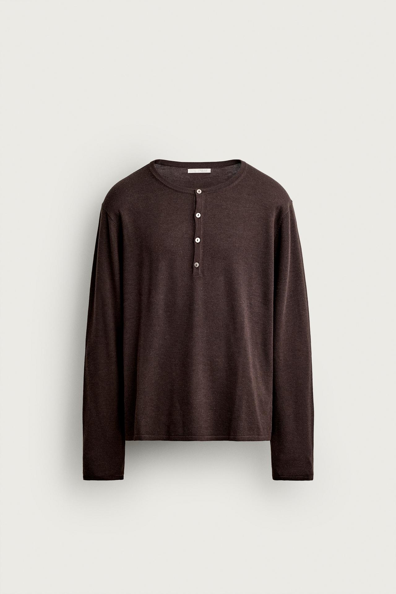 KNIT HENLEY SHIRT — Brown