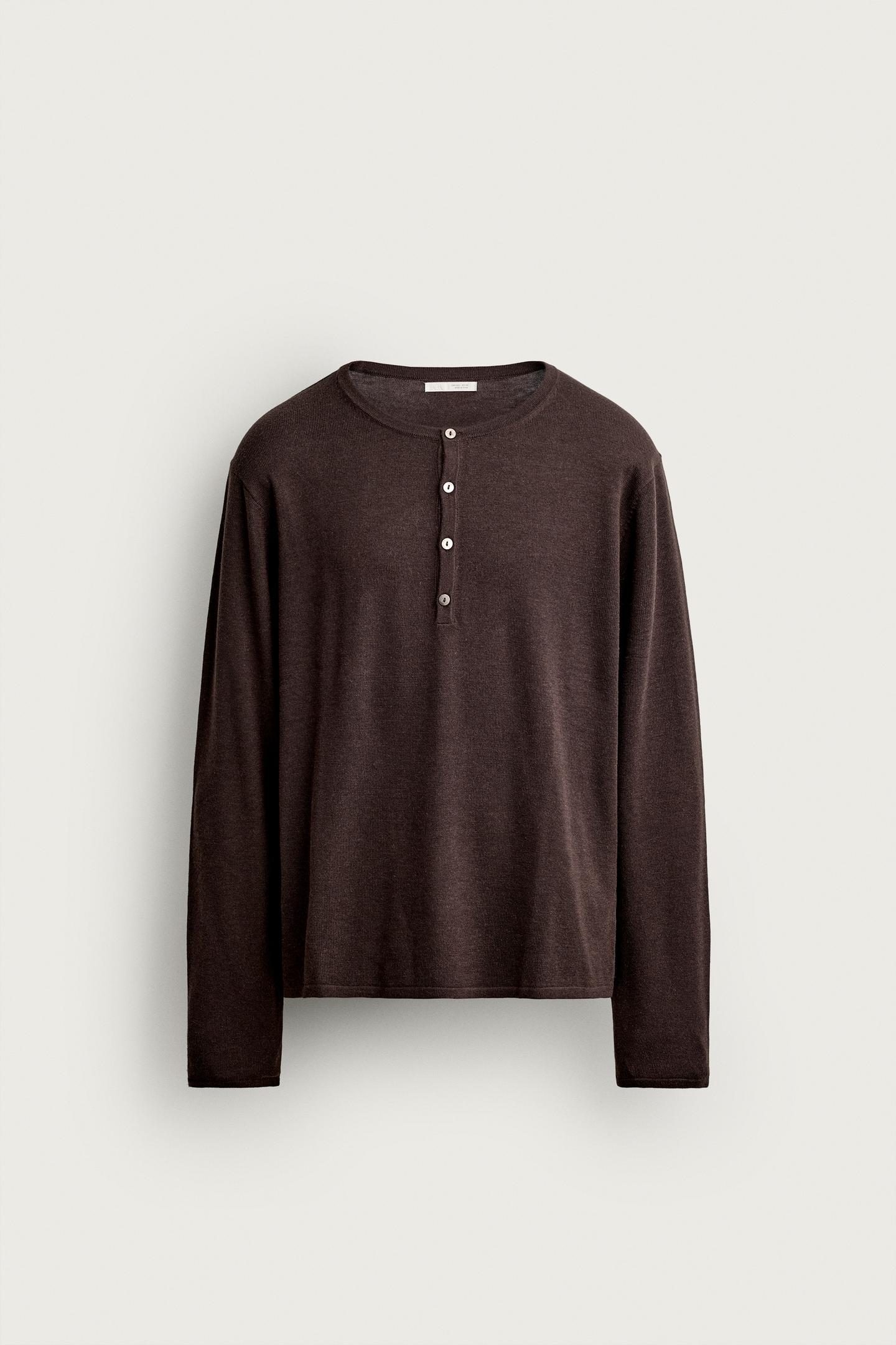Мужская рубашка Zara Knit Henley, цвет: Коричневый — фото 6