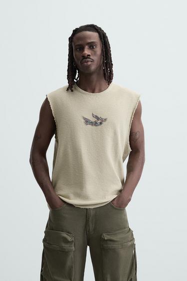 Zara TEXTURED PRINT KNIT T-SHIRT - Sea green