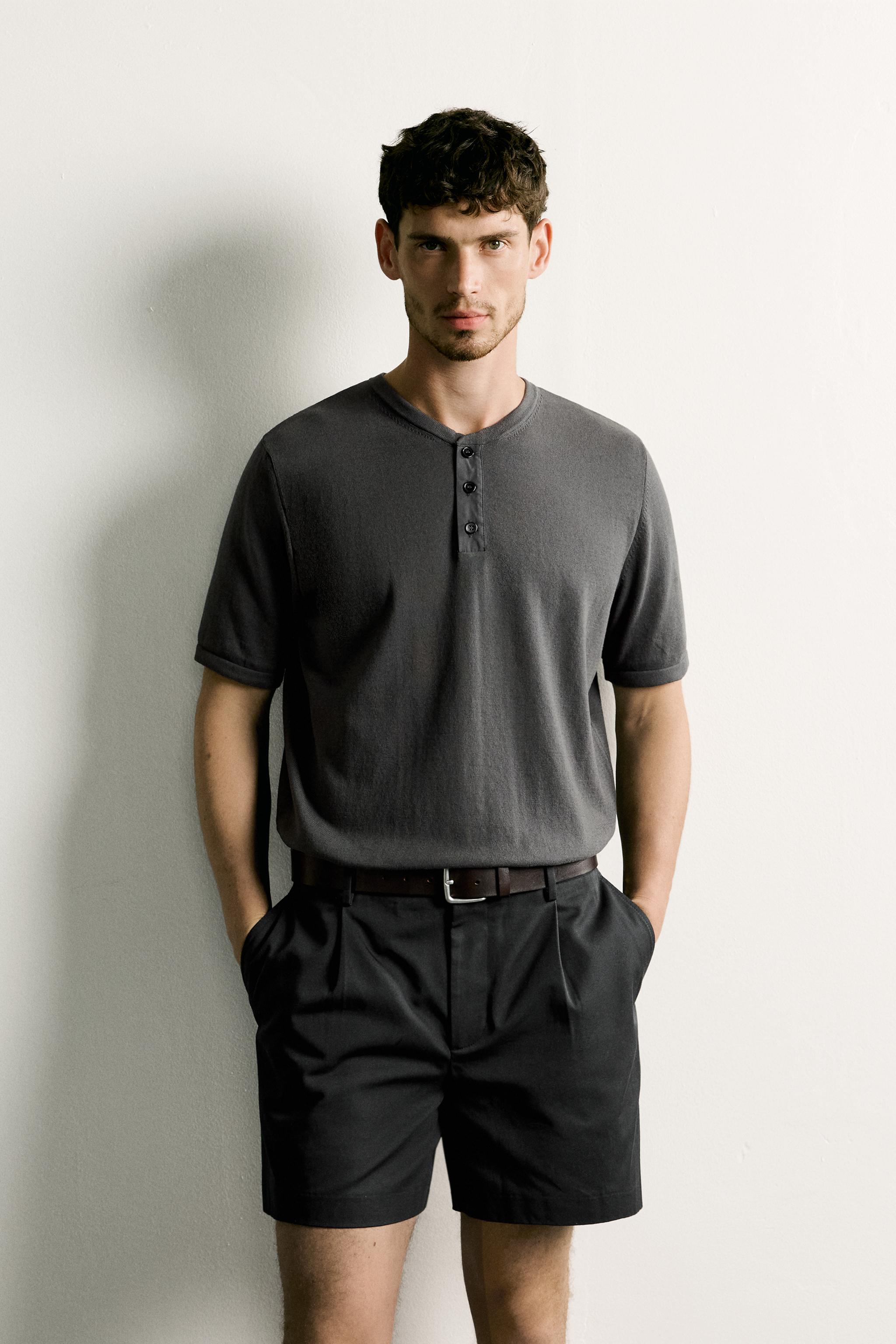 KNIT HENLEY T-SHIRT — Charcoal gray