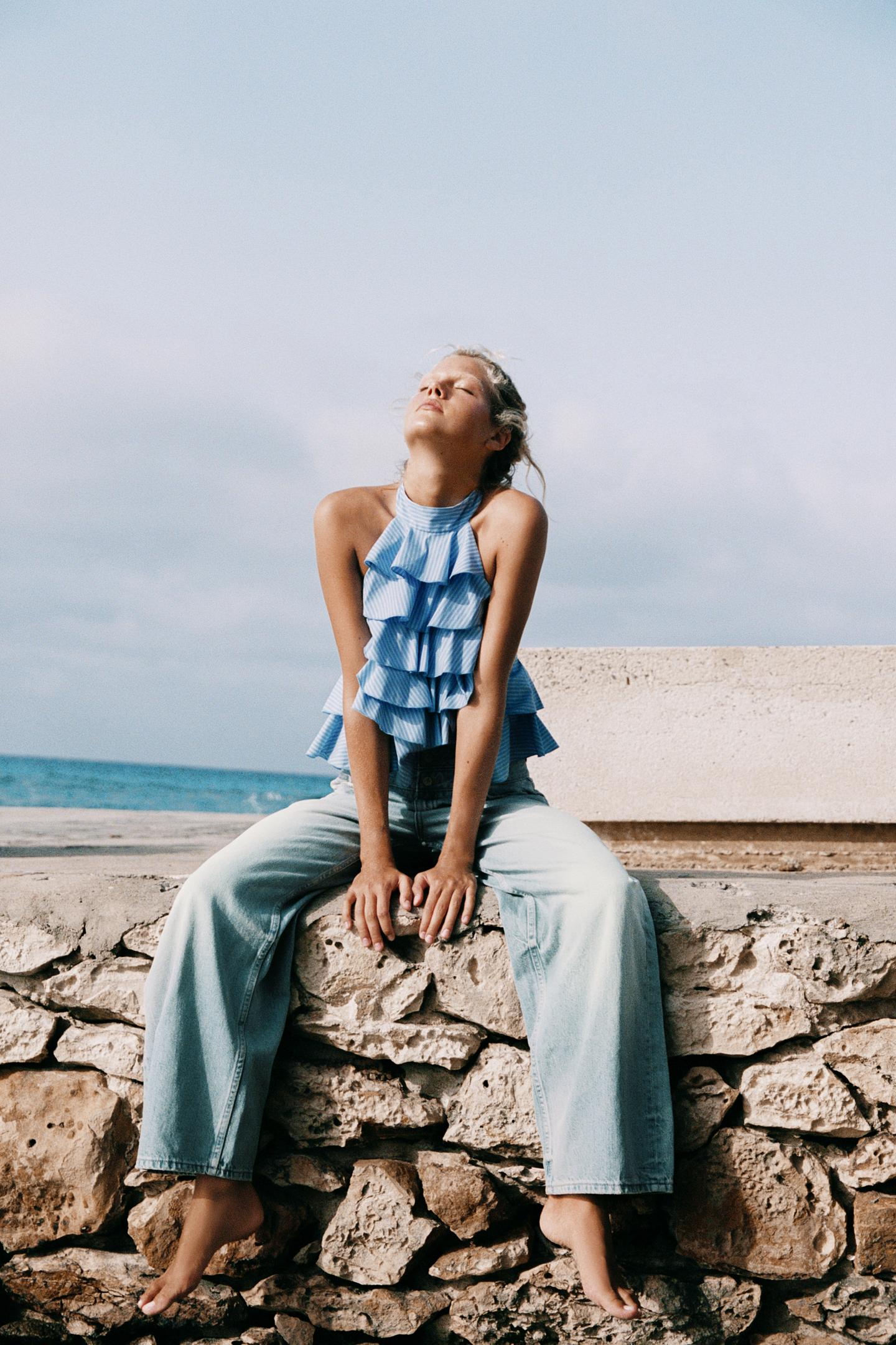 Женский топ Zara Striped Ruffled Poplin Top, цвет: Чернильный синий — фото 2