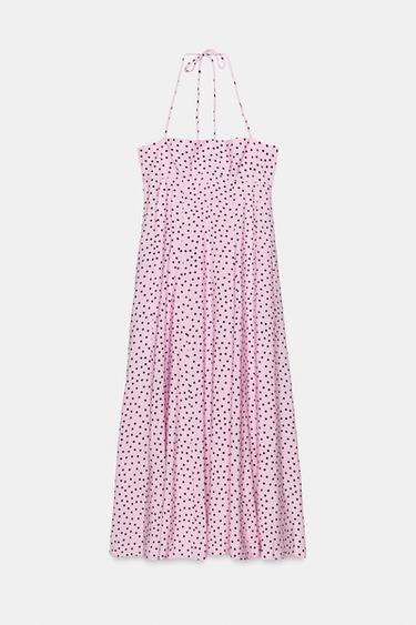 Zara POLKA DOT VOLUME HALTER MIDI DRESS - Pink