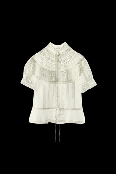 EMBROIDERED LACE PLEATED BLOUSE - Oyster-white by Zara - Image 0