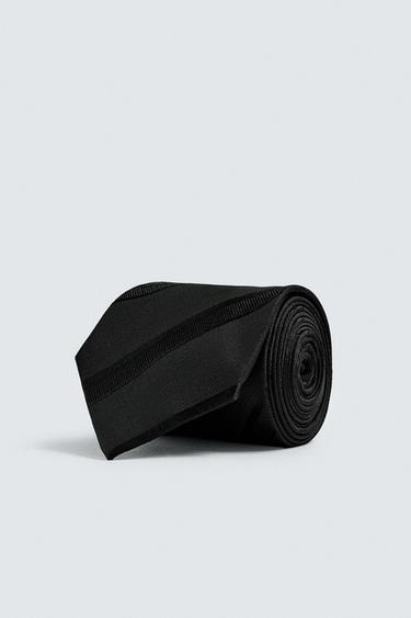 Zara 100% SILK STRIPED TIE - Black