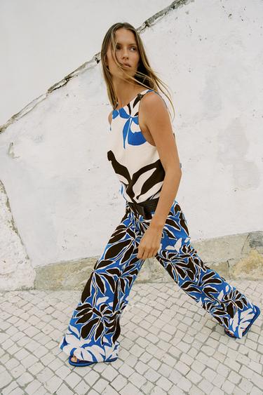 PANTALON LARGE À IMPRIMÉ FLORAL - Écru / Bleu de Zara - Image 3