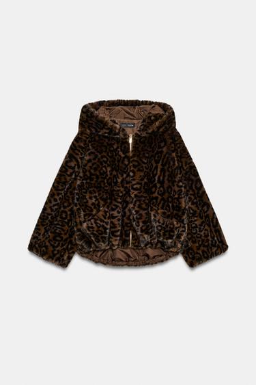 Zara FAUX FUR HOODED JACKET - Leopard / taupe brown