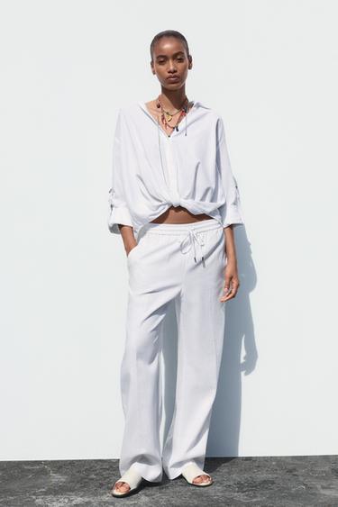 Zara KNOTTED LINEN BLEND SHIRT - White