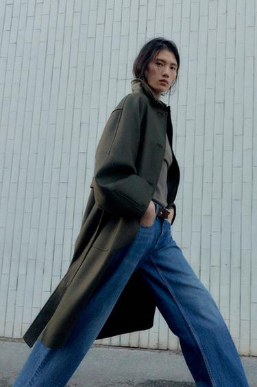 WOOL COAT WITH PUFF SLEEVES AND CONTRAST COLLAR - Khaki by Zara