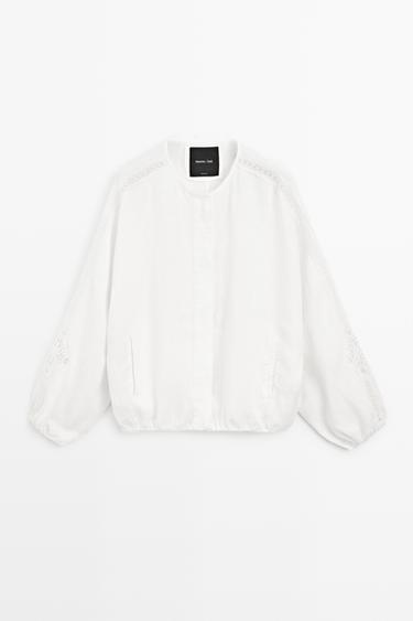 Zara 100% linen bomber jacket with embroidered detail - White - Image 0