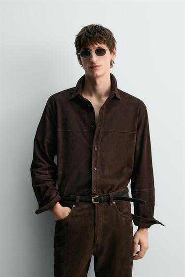 Zara LIMITED EDITION SUEDE LEATHER SHIRT - Chocolate