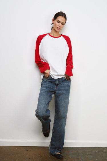 CONTRAST LONG SLEEVE T-SHIRT - White / Red by Zara