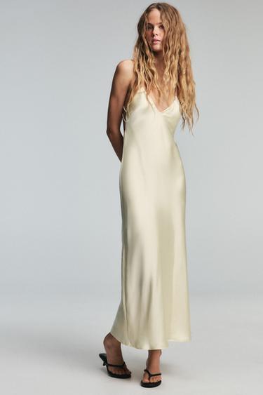 Zara SATIN STRAPPY MIDI DRESS - Light yellow