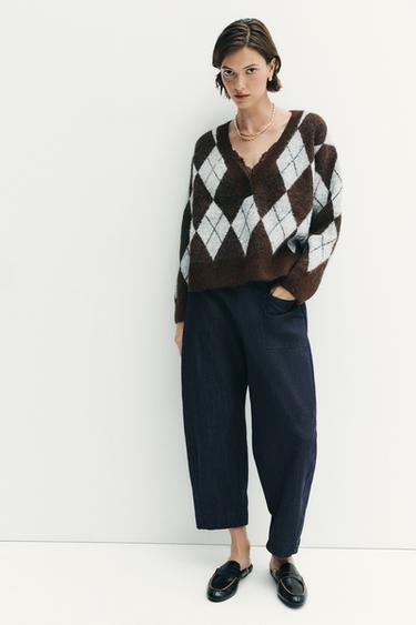 Zara DIAMOND KNIT JUMPER - Brown