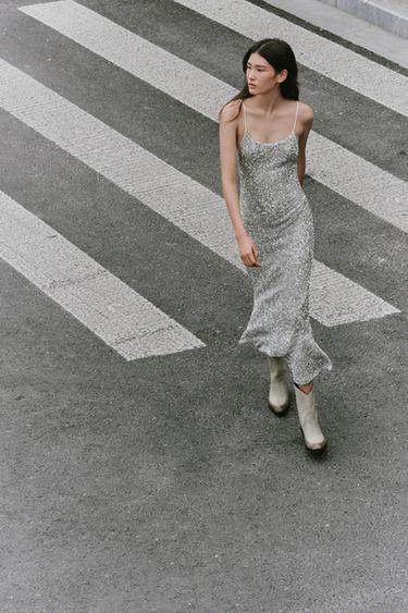 Zara 亮片襯衣式洋裝 - 銀色
