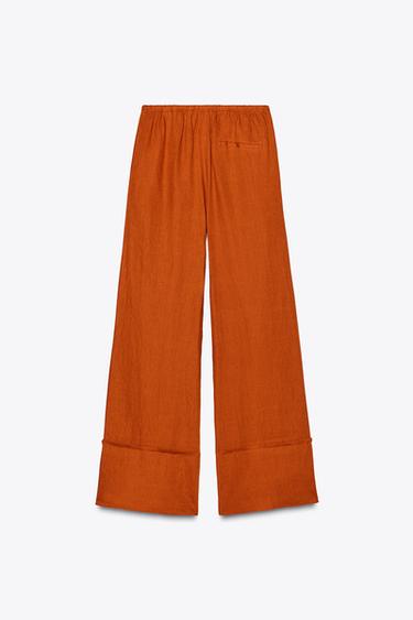 Zara 100% LINEN PALAZZO PANTS ZW COLLECTION - Dark orange