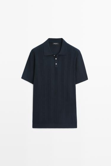 Polo rayé en maille texturée 100 % coton - Bleu marine de Zara