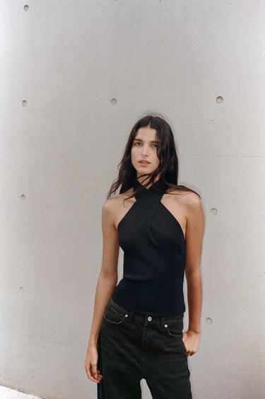 GATHERED KNIT HALTER TOP - Black by Zara