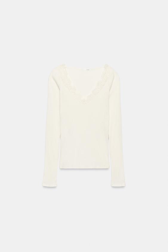 T-SHIRT CÔTELÉ COMBINÉ - Écru de Zara - Image 3