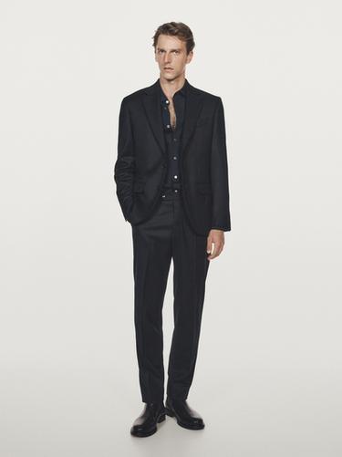 Pantalon de costume en flanelle de laine mélangée - Bleu marine de Zara