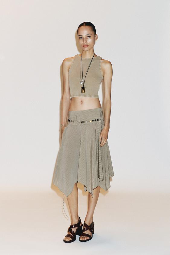 STRIPED ASYMMETRIC BELT MIDI SKIRT