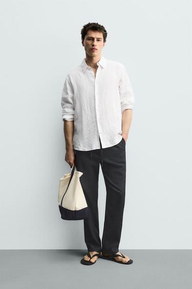 Zara RELAXED FIT COTTON - LINEN PANTS - Navy blue - Image 0