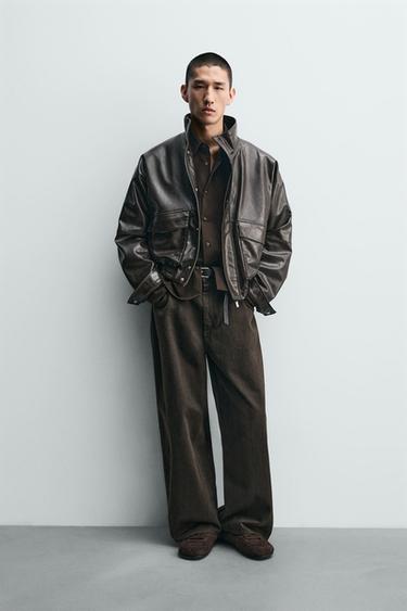 CROPPED FIT LEATHER EFFECT JACKET - Brown by Zara