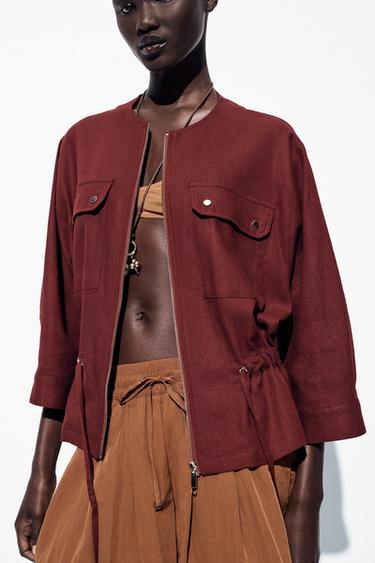 LINEN BLEND SAFARI JACKET - Burgundy by Zara - Image 3