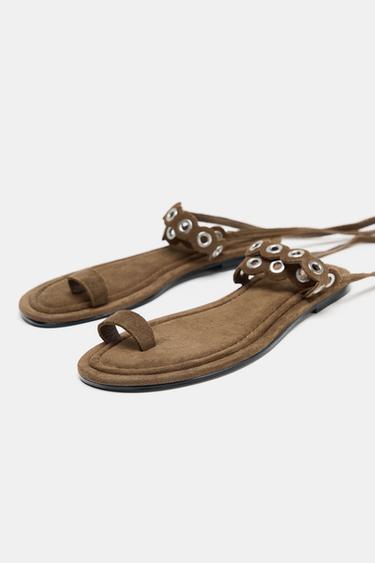 LEATHER SANDALS WITH METAL EYELETS - Brown by Zara - Image 3