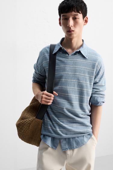 100% LINEN STRIPED SWEATER - Sky blue by Zara