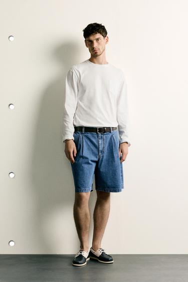 PLEATED REGULAR FIT DENIM BERMUDA SHORTS - Mid-blue by Zara