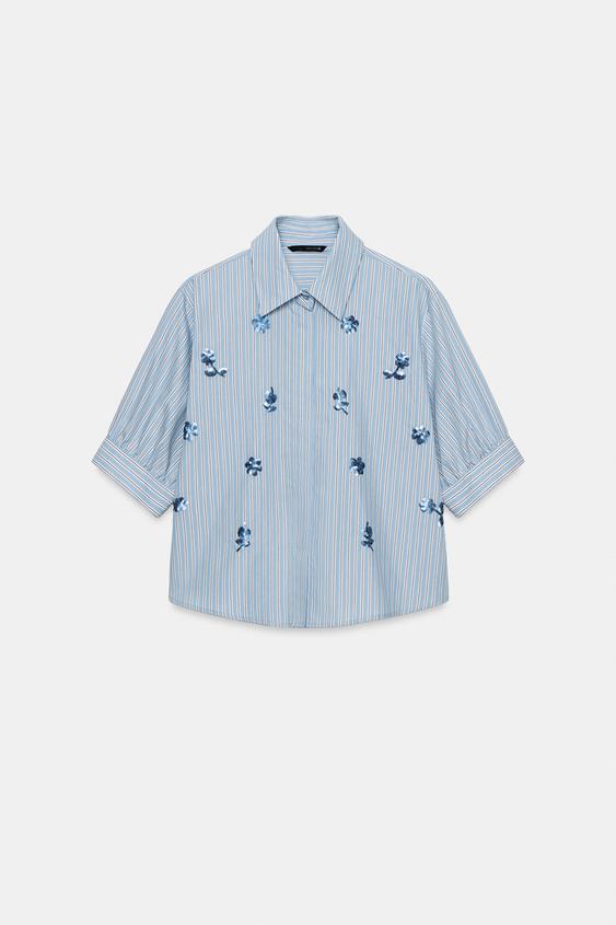 SEQUINNED STRIPED SHIRT - Blue/White by Zara - Image 3
