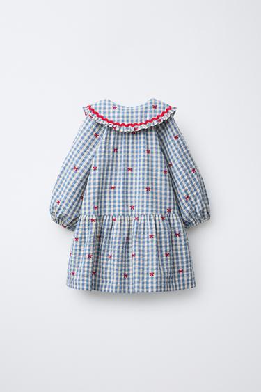 ROBE À CARREAUX AVEC LACETS BRODÉS - Bleu de Zara - Image 1